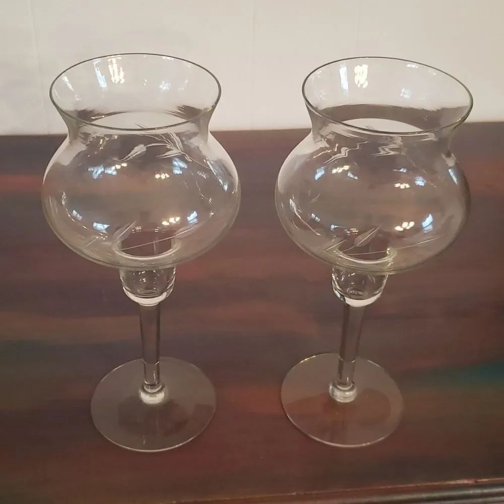 Gorgeous Pair Vintage 1980s Crystal Etched Wheat Design Candle Holders